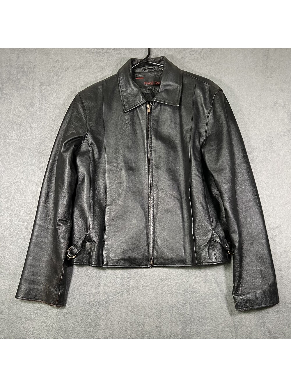 Phase Two Jacket Black Womens Large Leather Full Zip Adjustable Waist Minimalist
